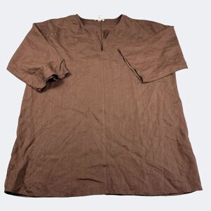 Eileen Fisher Organic Linen Tunic Top Brown Minimalist Boxy Short Sleeve Small